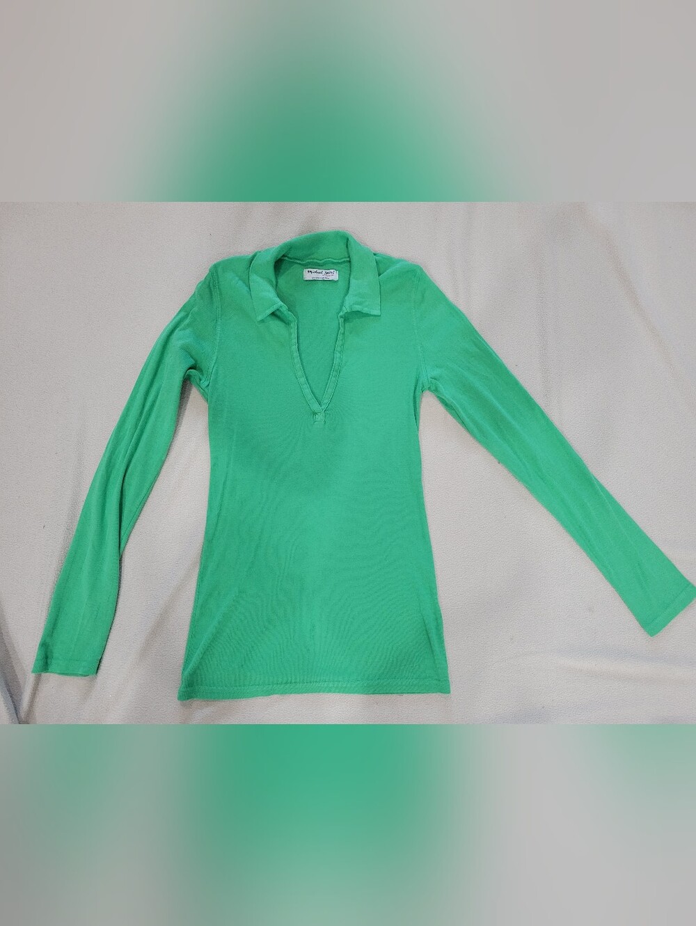 Michael Stars Bright Green V-Neck Collared Long Sleeve Tee